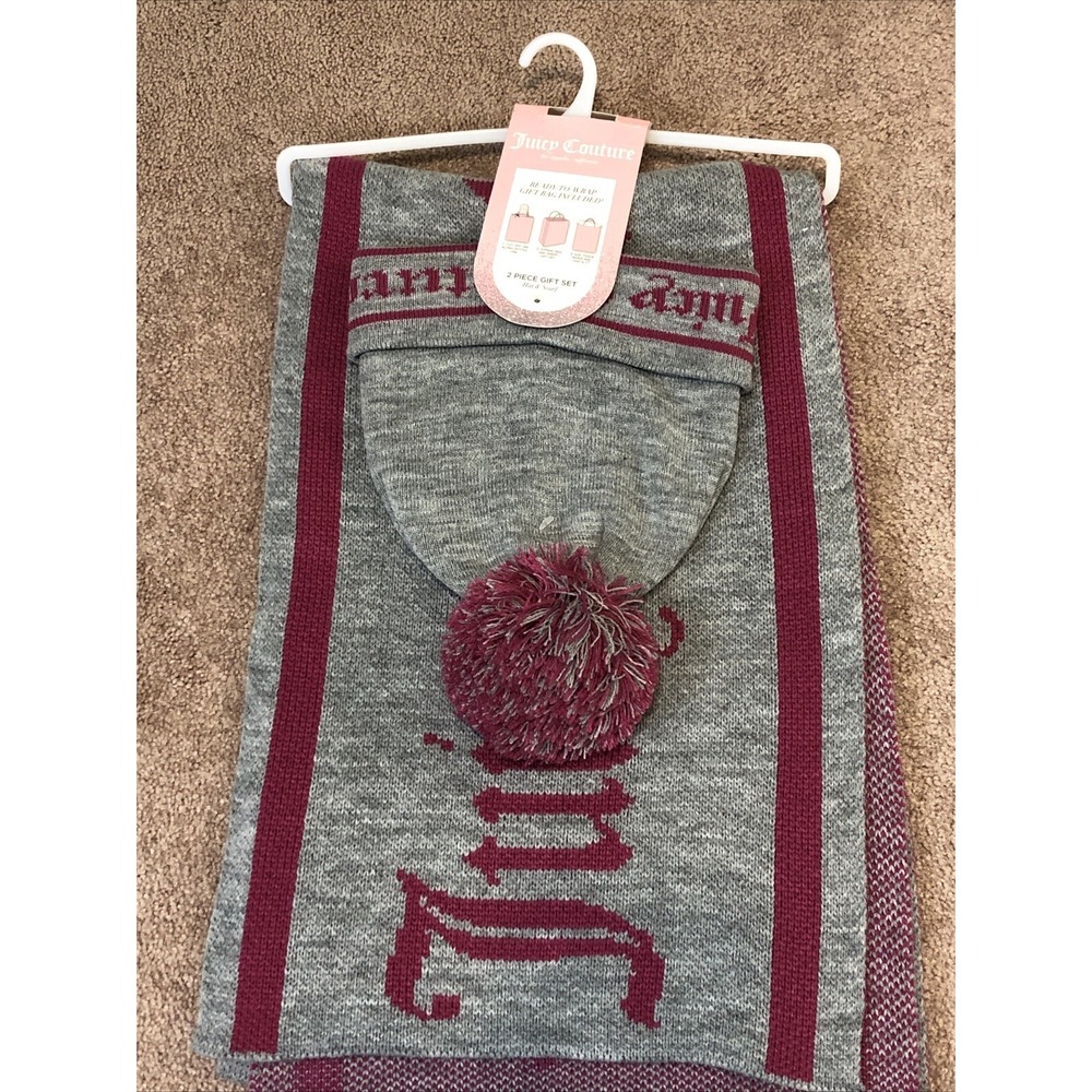 NWT Juicy Couture Pink Gray Knit Winter Ski Cap Hat Scarf Set